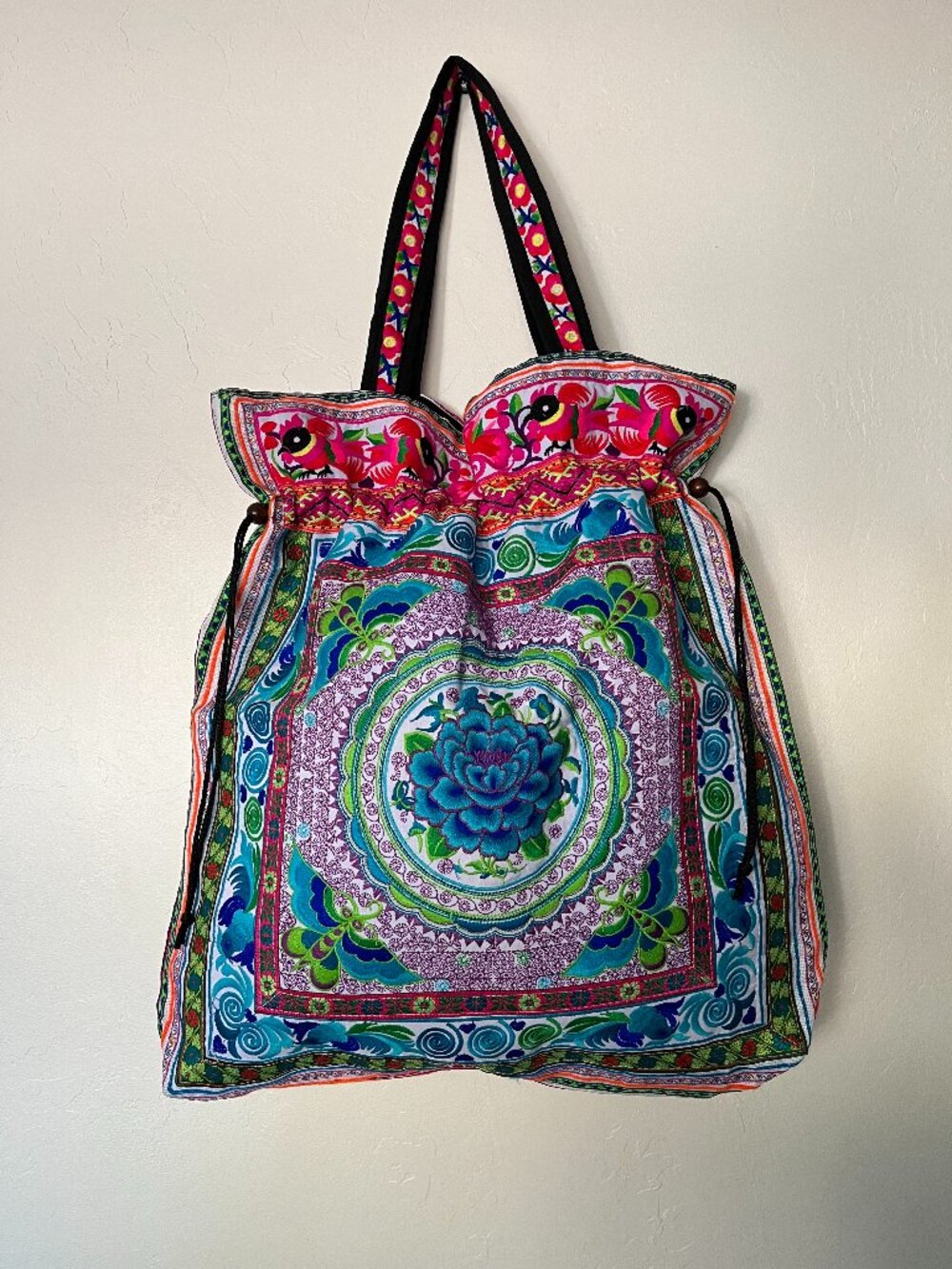 Embroidered Floral Hmong Tribe Large Tote Bag 21.5" L x 23" H